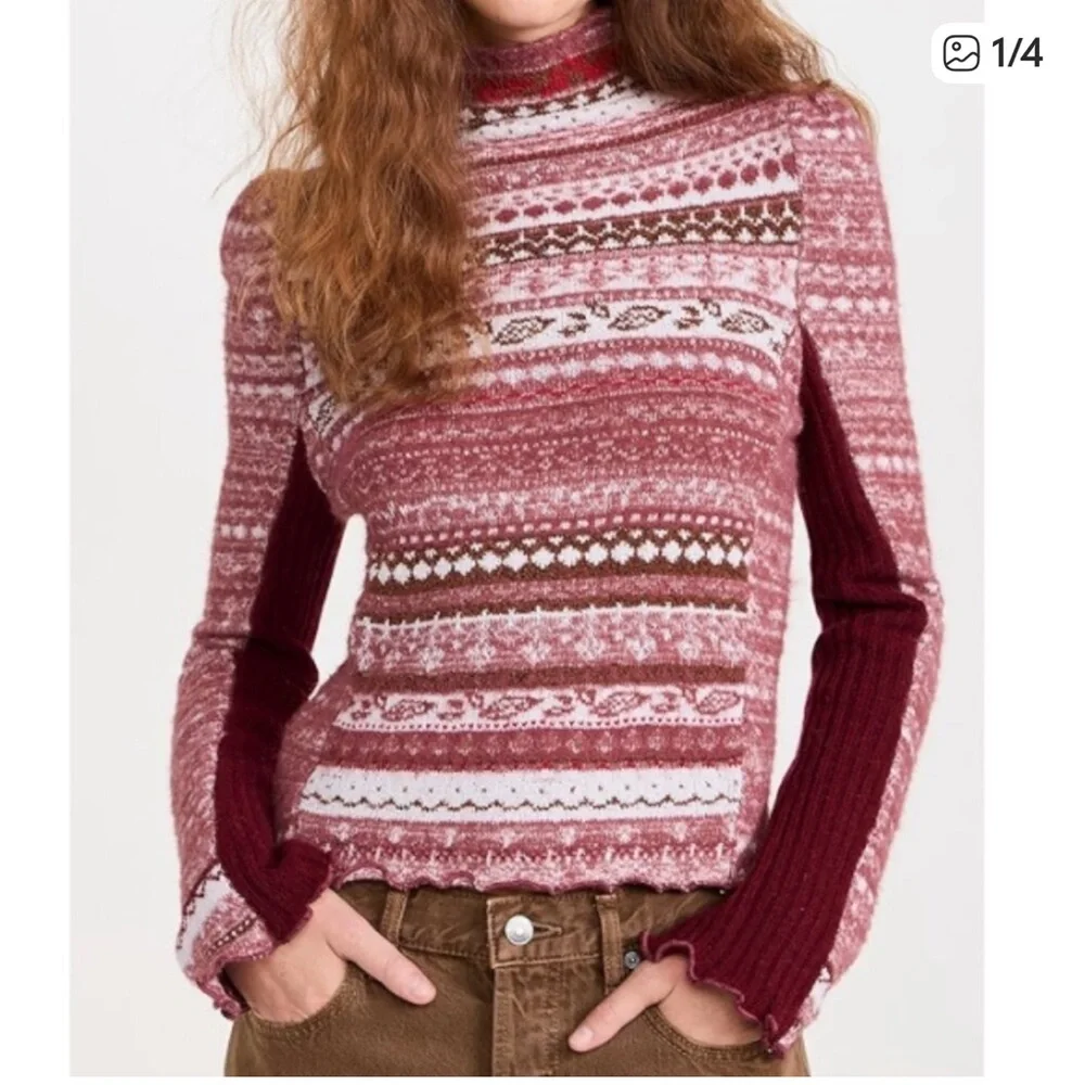 Free People Red & White Fair Isle Turtleneck Sweater